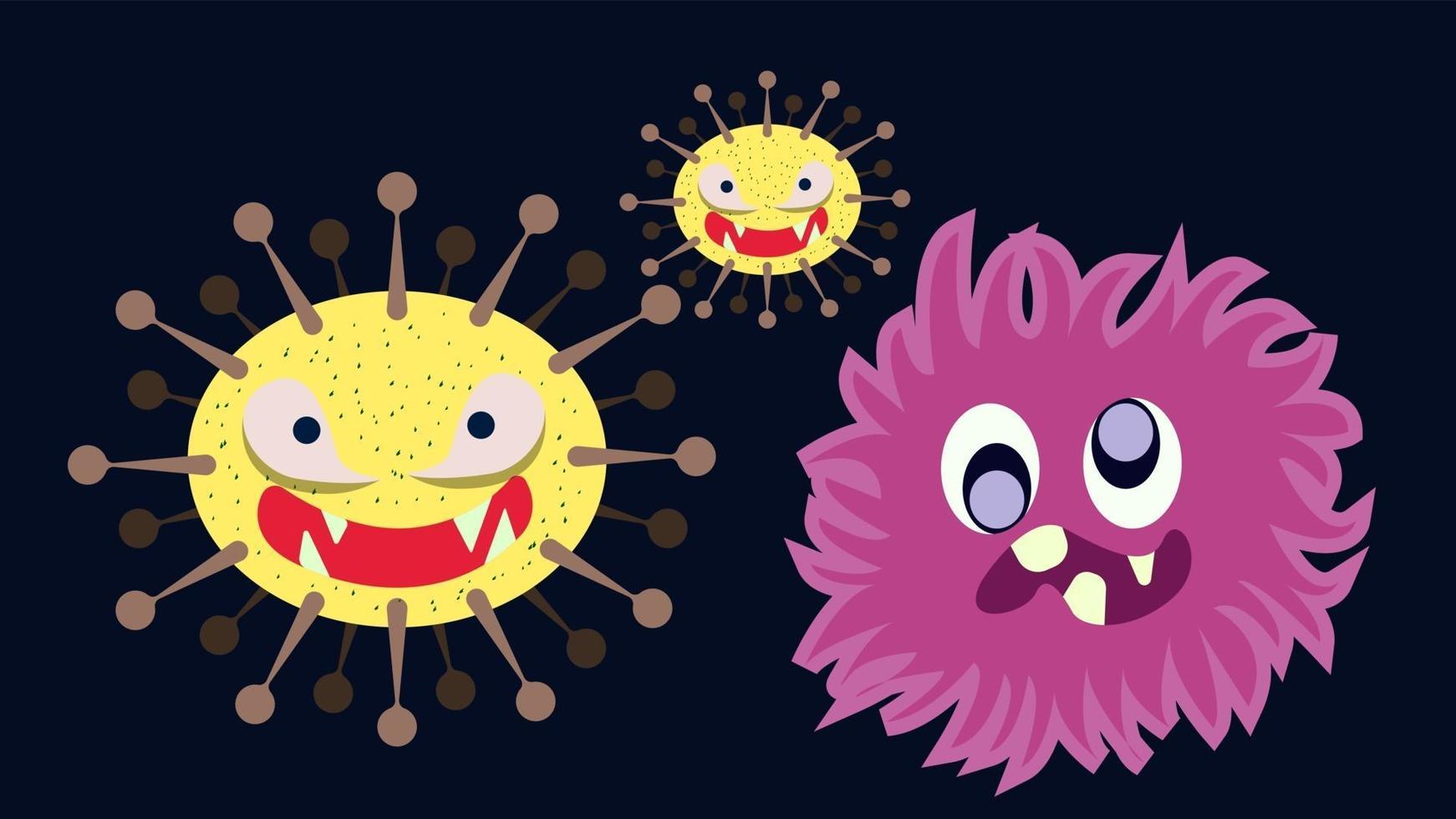 gráfico de vector de ilustración de carácter lindo de colección de conjunto de gérmenes, bacterias y virus. microbio, patógeno, icono de virus. microbios de dibujos animados. germen de dibujos animados lindo en el diseño de estilo plano. vector eps10.