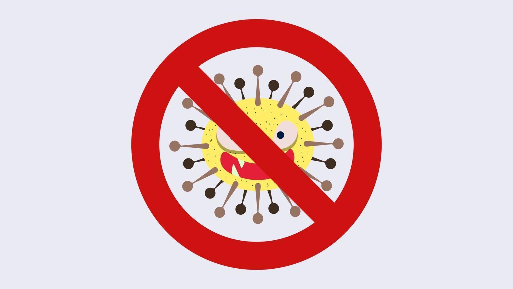 gráfico de vector de ilustración de ningún signo de bacterias con germen de dibujos animados lindo en diseño de estilo plano sobre fondo blanco. Prohibir microorganismos microbios y virus. detener la señal de advertencia de virus. vector eps10.