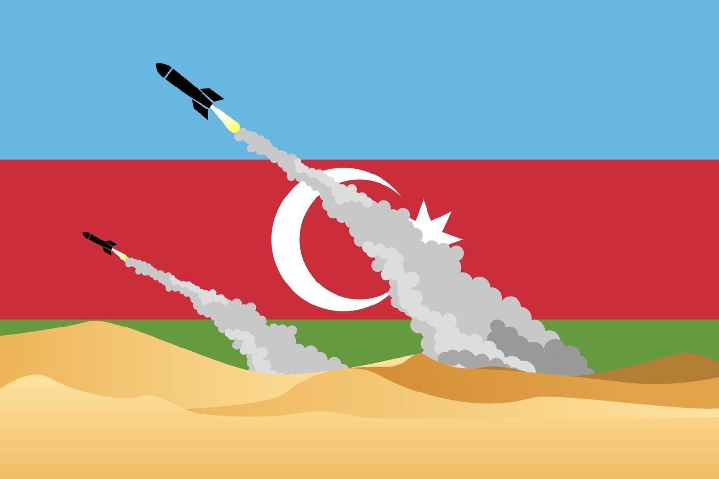 Ilustración de la guerra de la zona desértica disparando misiles en el fondo de la bandera de Azerbaiyán. conflicto armenia-azerbaiyán 2020. crisis del cáucaso. imagen de azerbaiyán de misiles. armenia contra azerbaiyán. vector