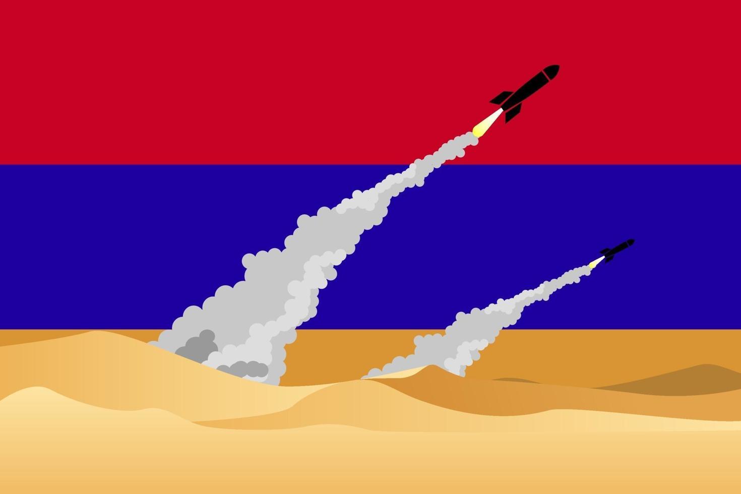 Ilustración de disparar misiles sobre fondo de bandera de armenia. vector