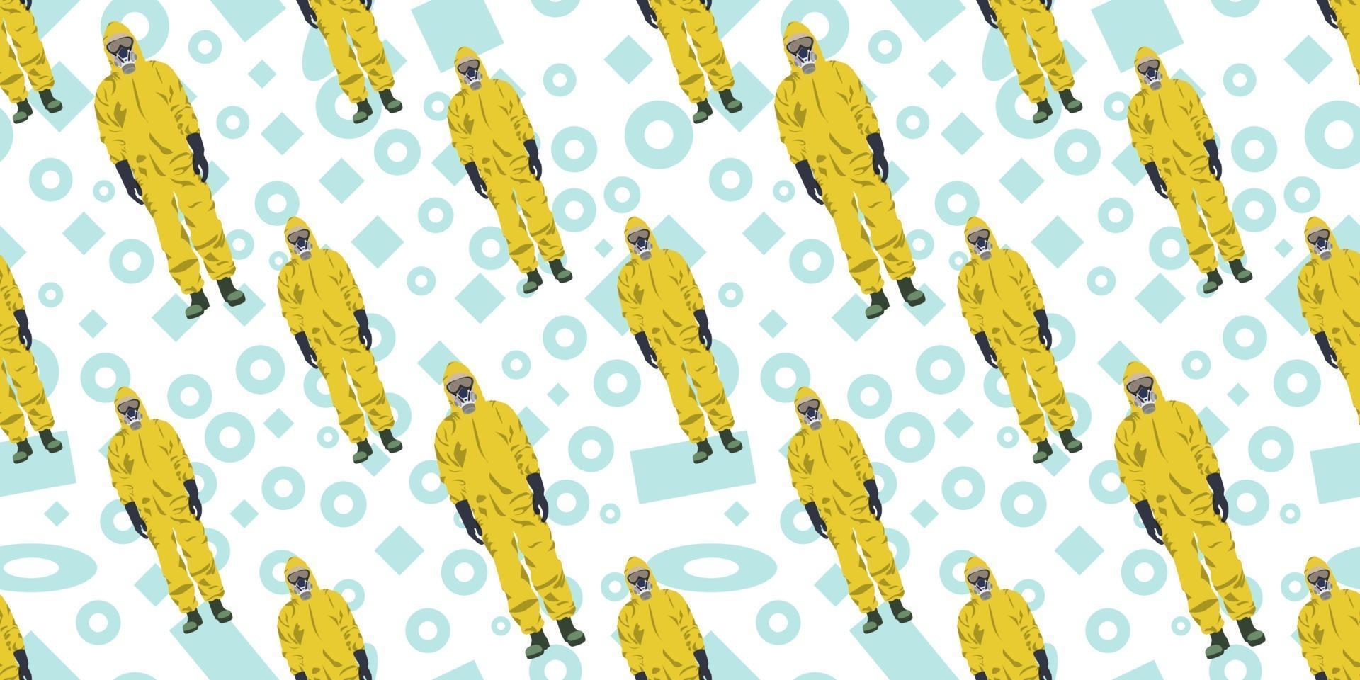 Seamless pattern of Man in protective yellow hazmat suit isolated on memphis element background. Safety virus infection concept. Vector illustration eps10.