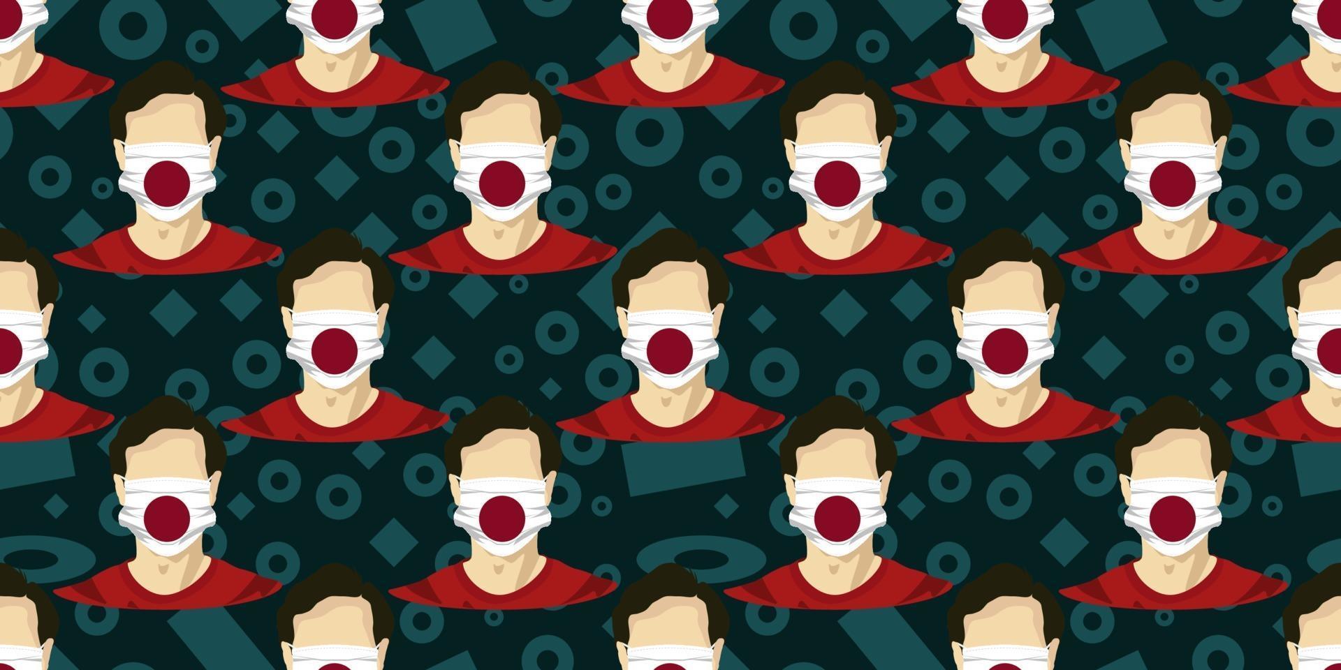 Seamless pattern of image man wearing japan flags surgical mask to prevent diseases isolated on memphis element background. Good for template background, banner, poster, etc. Vector eps10.