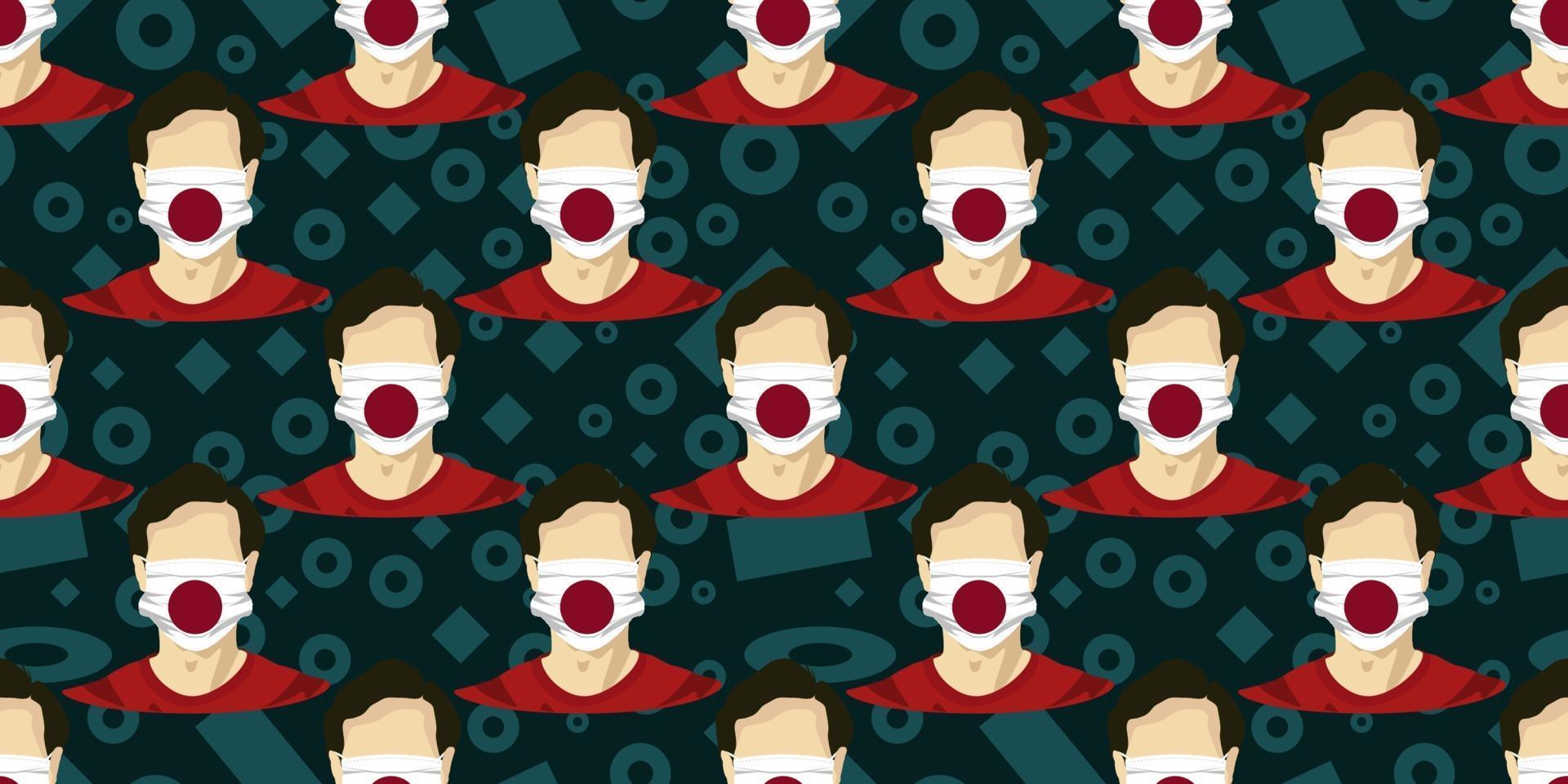 Seamless pattern of image man wearing japan flags surgical mask to prevent diseases isolated on memphis element background. Good for template background, banner, poster, etc. Vector eps10.