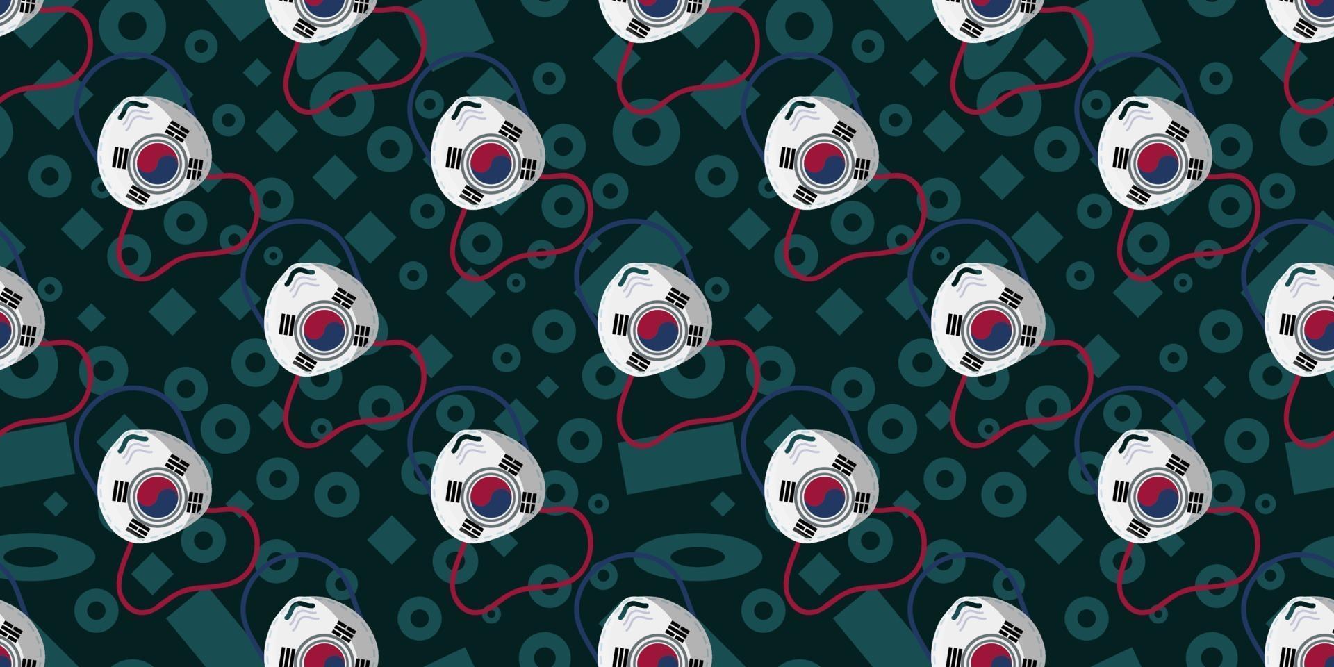 Seamless pattern of n95 surgical mask with South Korea Flag on dark color memphis element background. Vector illustration eps10.