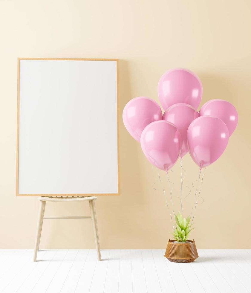 A picture frame is placed on a shelf with floating balloons tied to a plant pot. photo