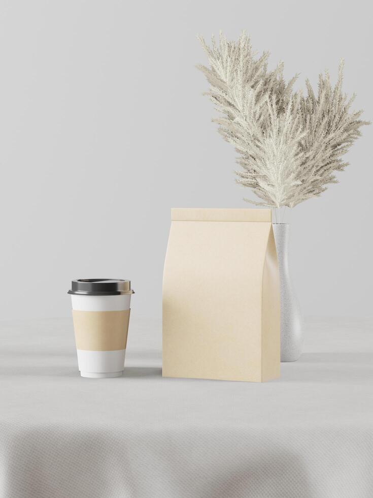 A packet used for coffee with coffee cups. photo