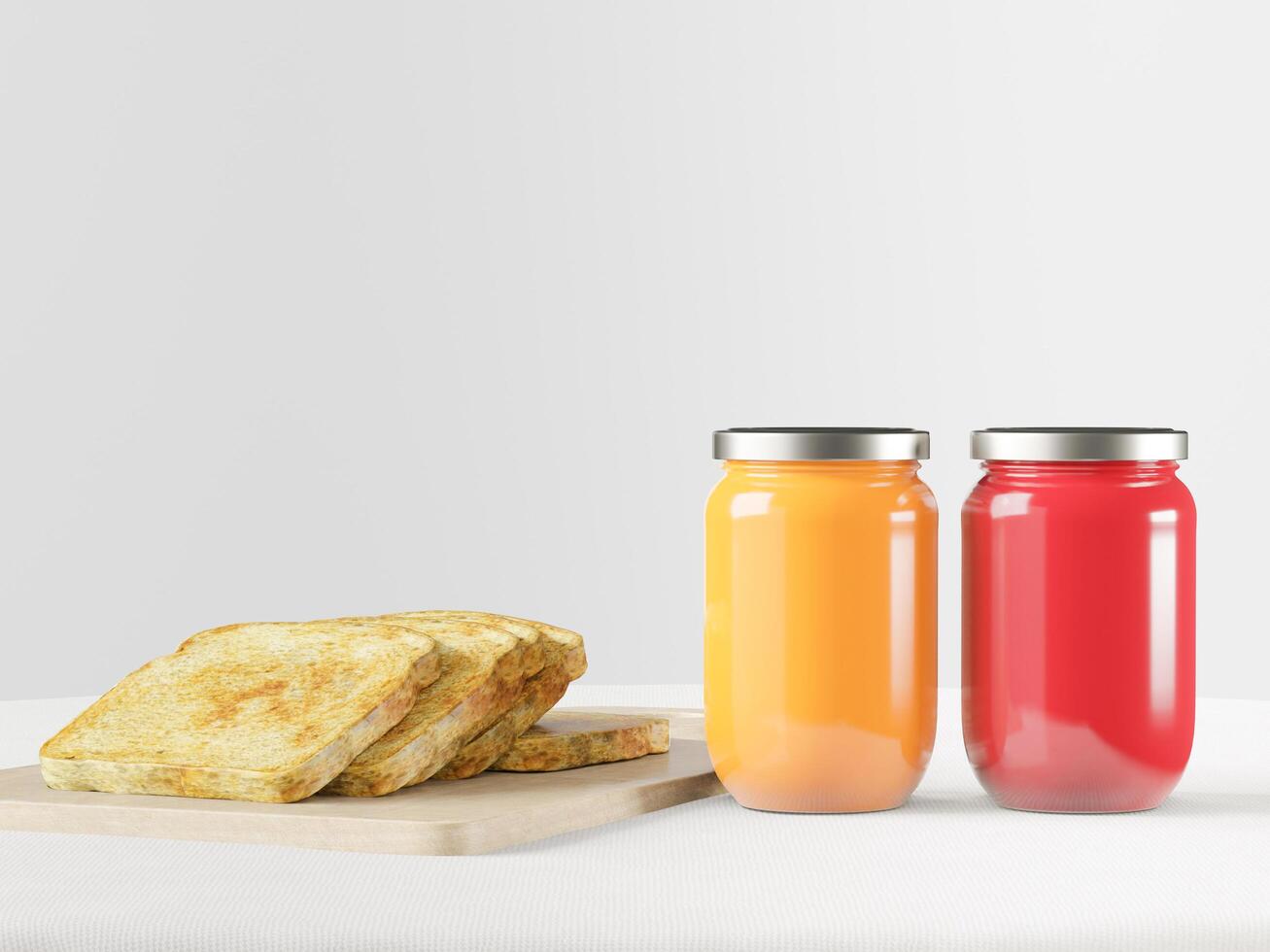 Strawberry jam and orange jam in a jar with toast photo