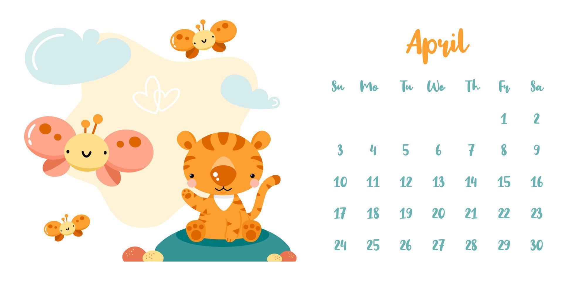 Calendar for april 2022 with cute cartoon tiger and butterflies vector