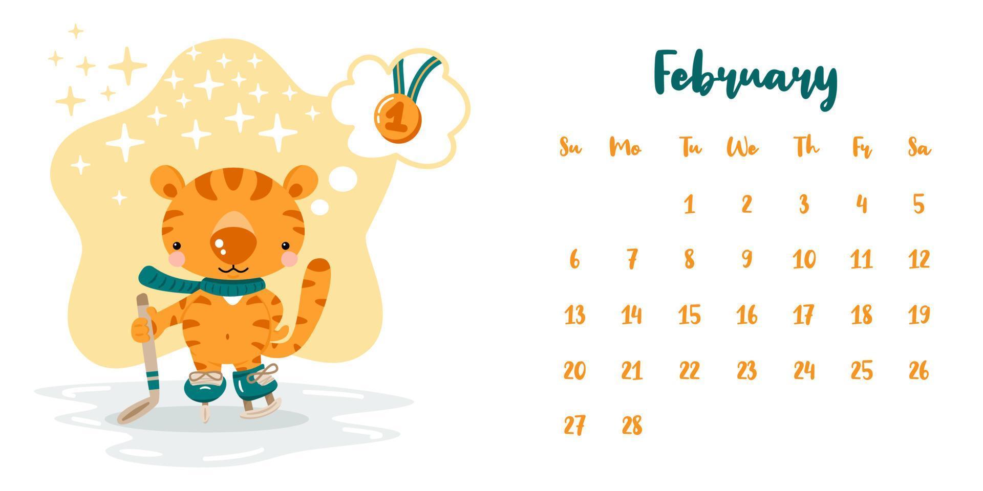 Calendar for february 2022 with cute cartoon tiger hockey player vector