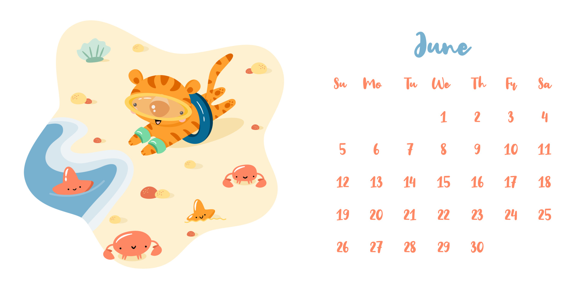 Calendar For June 2022 With Cute Cartoon Tiger On The Beach 3479937 Vector  Art At Vecteezy