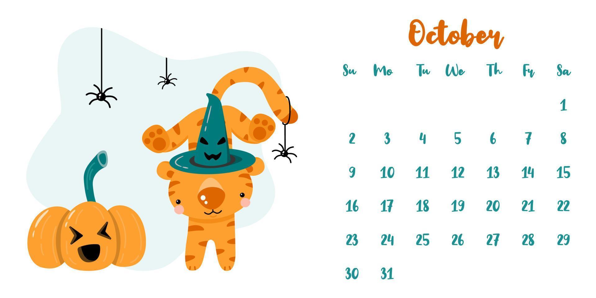 Calendar for october 2022 with cute cartoon tiger and Halloween pumpkin vector