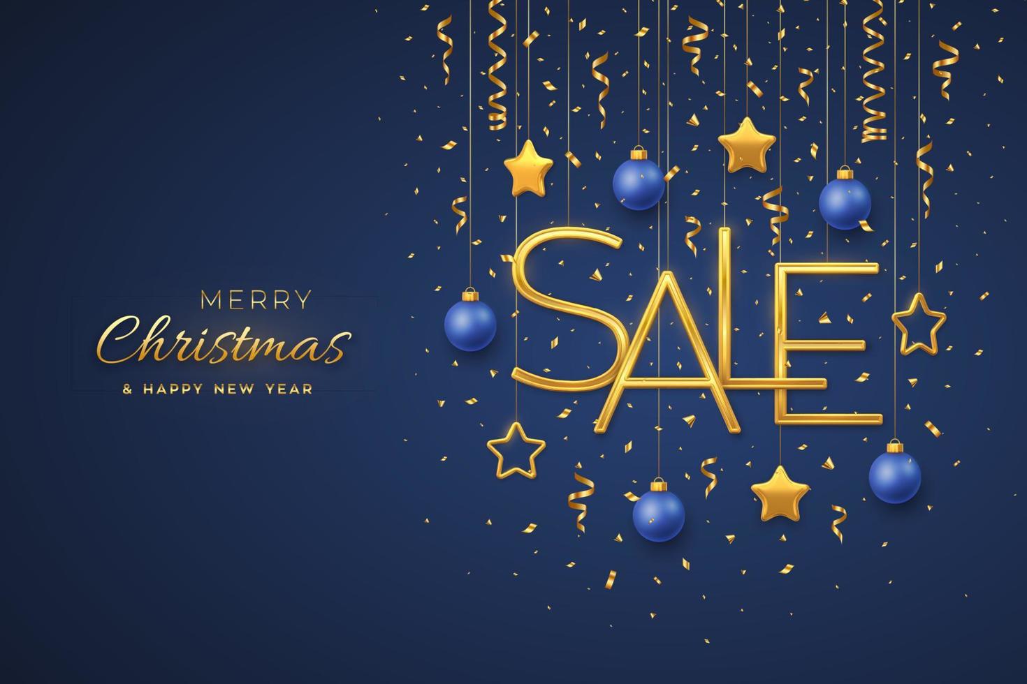 Christmas sale design banner template. Hanging Golden metallic Sale letters with 3D metallic stars, balls and confetti on blue background. Advertising poster or flyer. Realistic vector illustration.