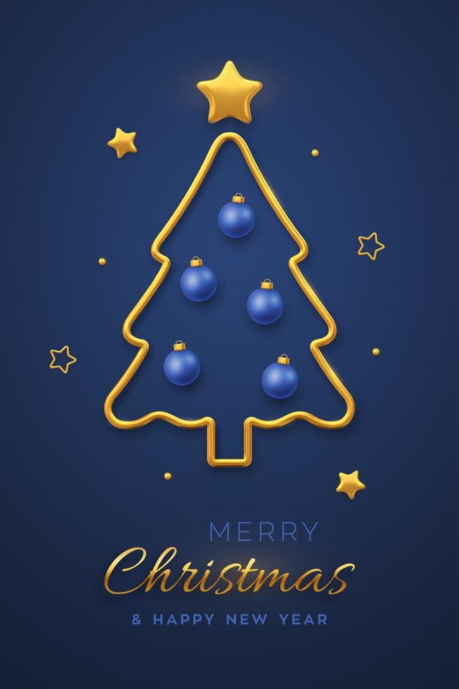 Christmas greeting card minimal design with golden metallic Christmas tree, blue balls bauble and golden stars. New Year poster, cover or banner template. Holiday decoration. Vector illustration.