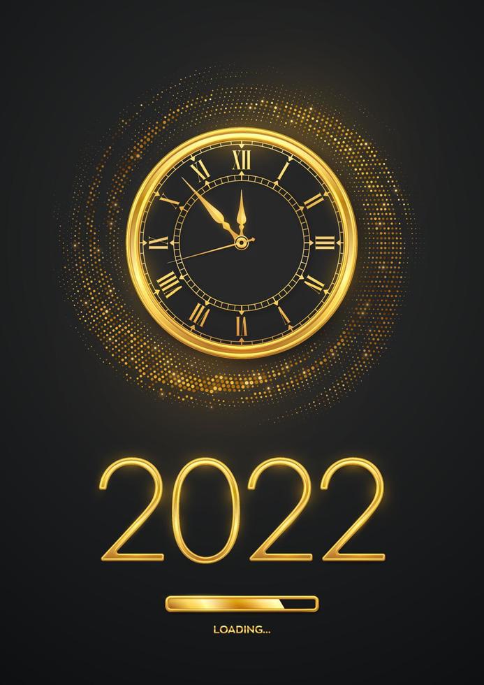feliz año nuevo 2022. números metálicos dorados 2022, reloj de oro con números romanos y cuenta regresiva de medianoche con barra de carga sobre fondo brillante. telón de fondo lleno de brillos. ilustración vectorial. vector