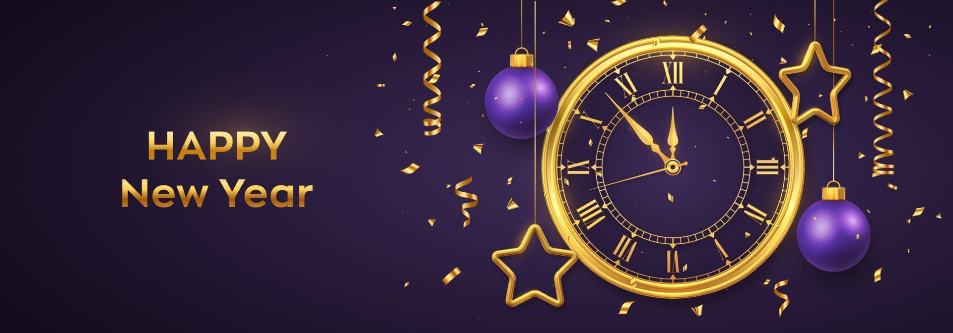 feliz año nuevo 2022. reloj dorado brillante con números romanos y cuenta regresiva de medianoche, víspera de año nuevo. fondo con brillantes estrellas doradas y bolas. Feliz Navidad. vacaciones de navidad. ilustración vectorial. vector