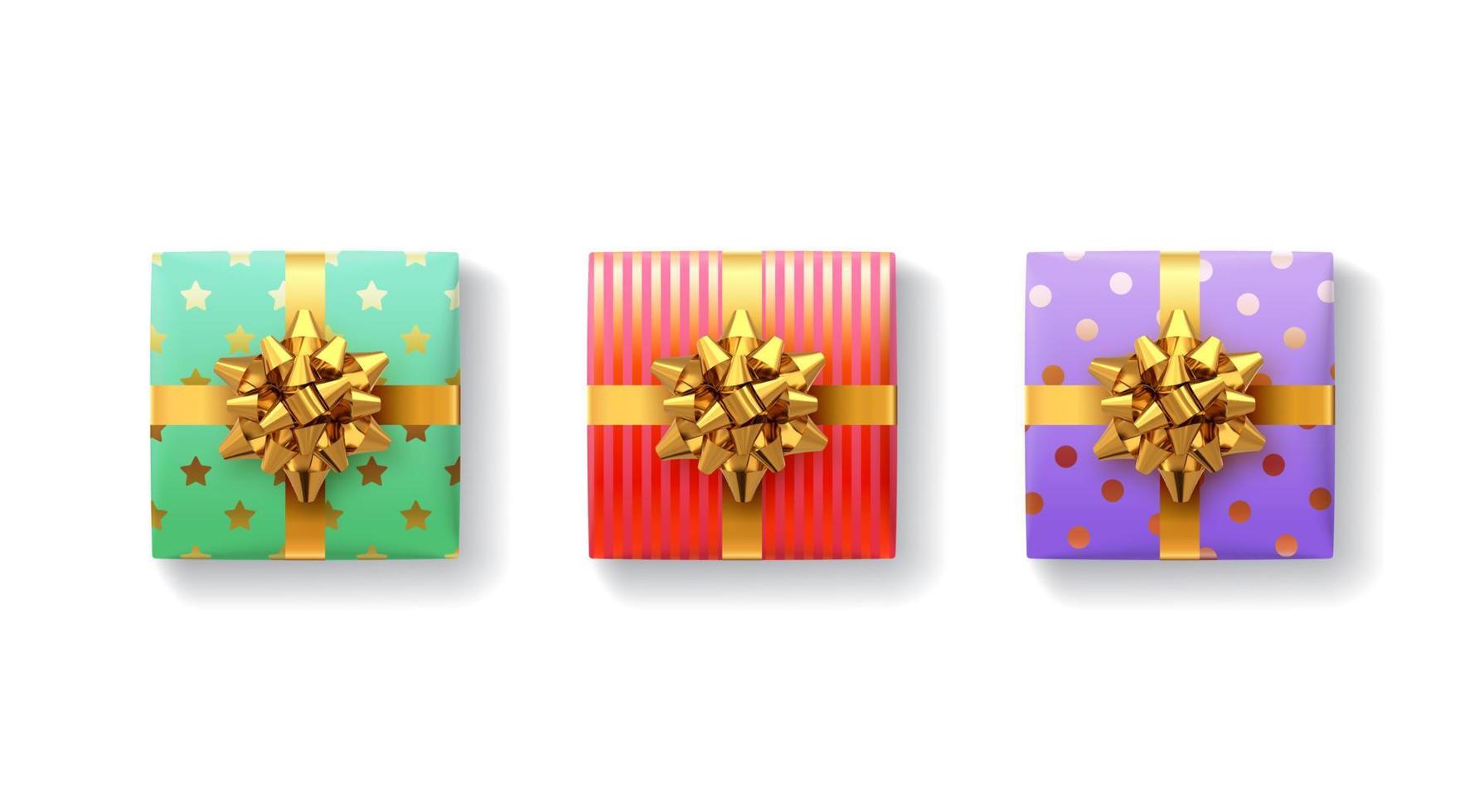 Gift boxes set. Gift box with shiny realistic gold ribbons and bow. Top view. Holiday decoration element. Collection christmas, birthday or anniversary present. Vector festive illustration.