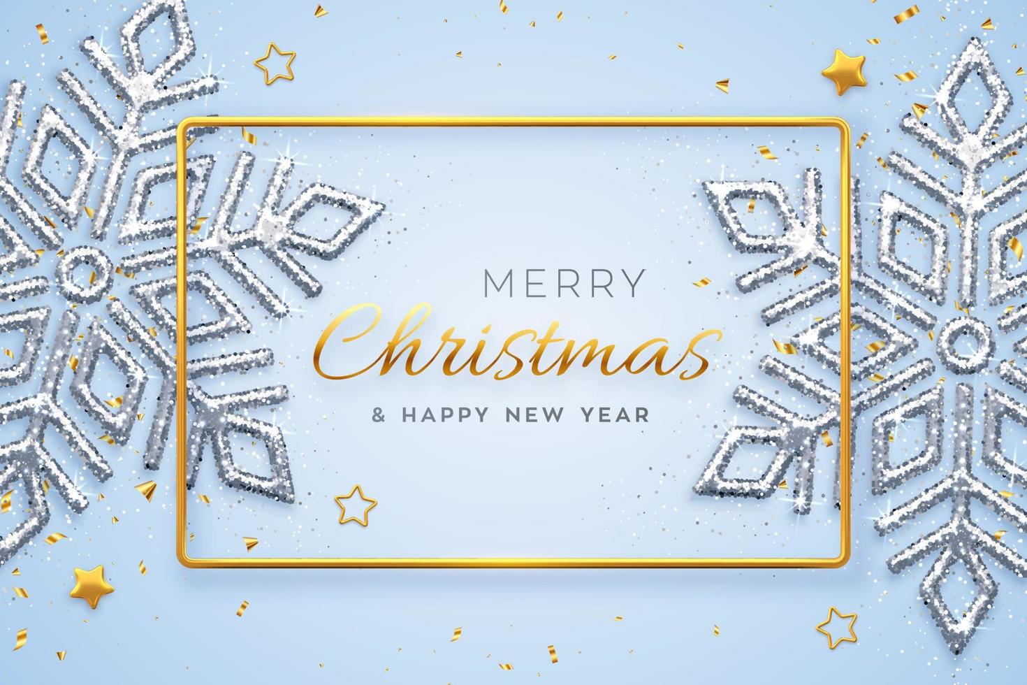 Christmas blue background with shining snowflakes, gold stars and beads. Merry christmas greeting card. Holiday Xmas and New Year poster, web banner. Vector Illustration.