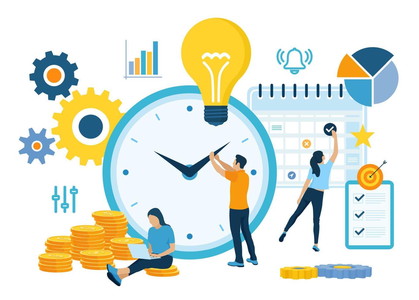 Time management planning, organization and control concept for effiecient succesful and profitable business. Concept of work time management. Business team. Vector illustration with characters.