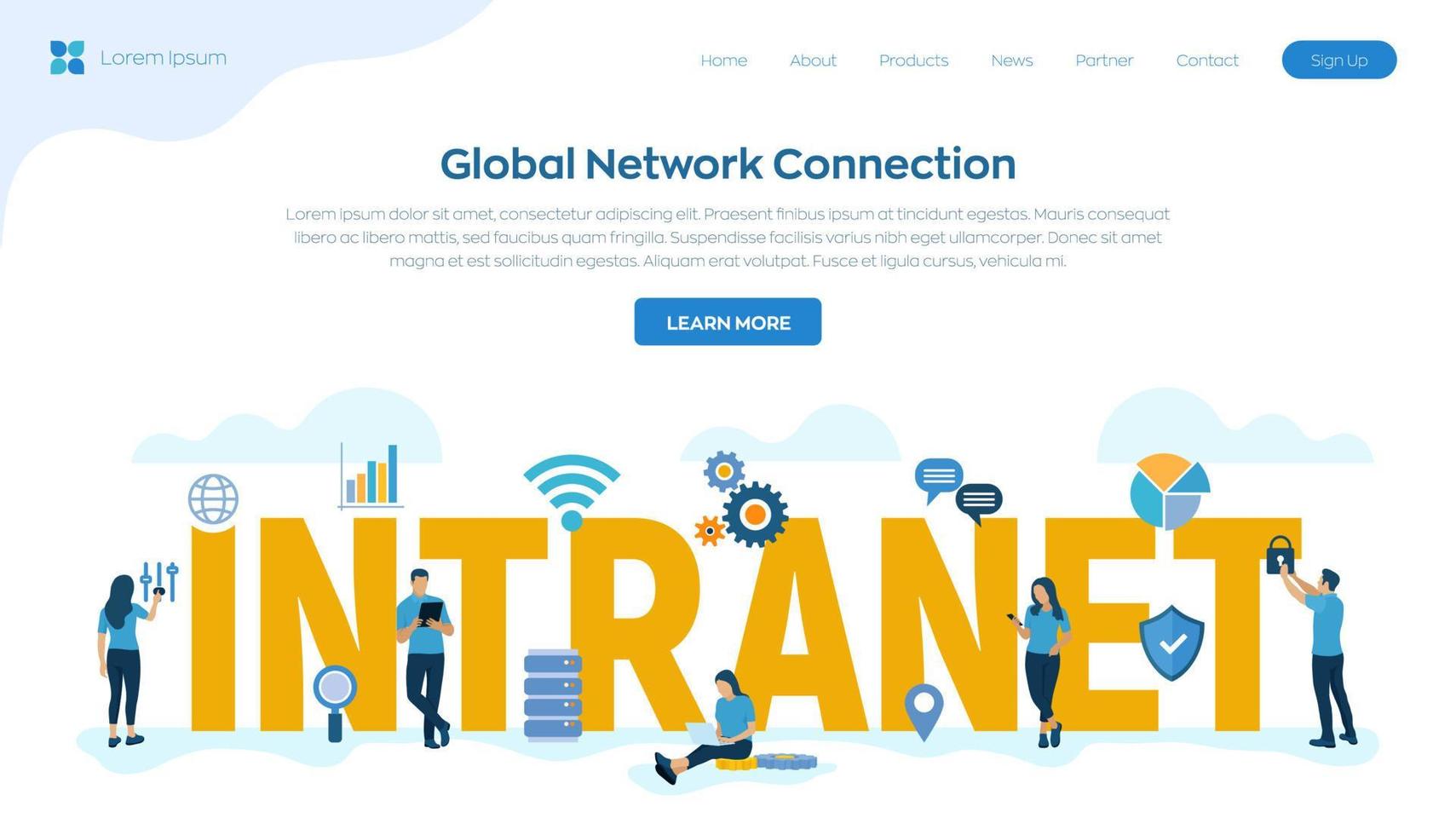 INTRANET. Global Network Connection Technology. Intranet Business Corporate communication document management system dms. Business team. Vector illustration with characters and icons.