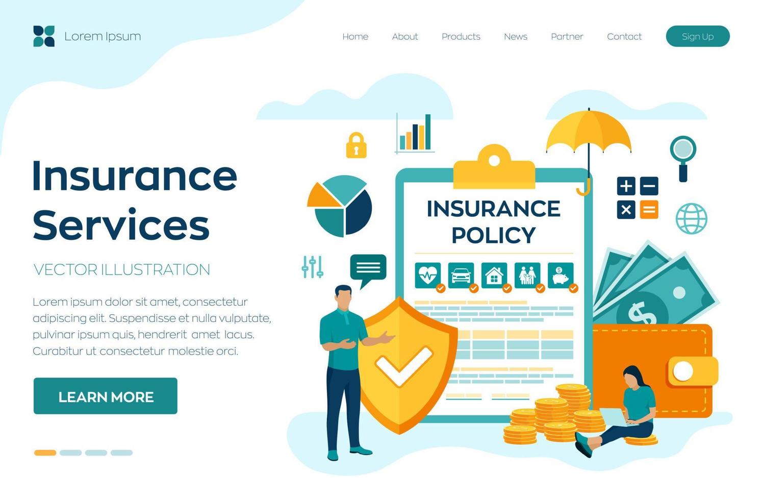 Insurance Services Concept. Protection of health, real estate, car. Family and travel safety. Insurance policy. Colourful flat style vector illustration with characters and icons.