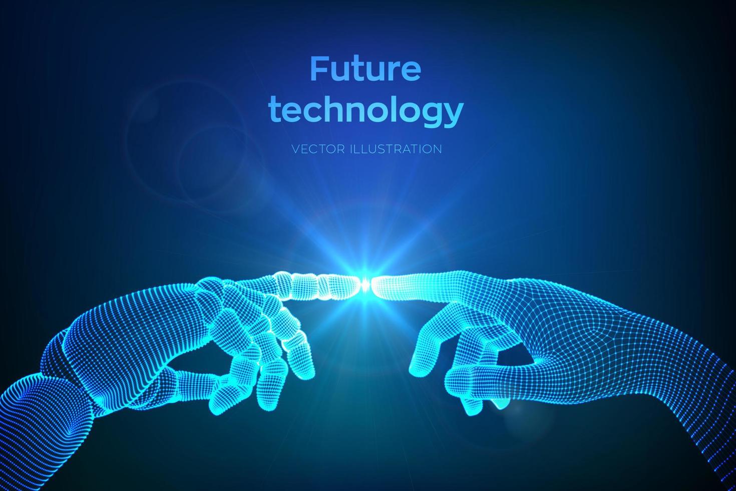 Hands of Robot and Human Touching. Cyborg finger about to touch human finger. Symbol of connection between people and artificial intelligence. Science, future technology. Vector Illustration.