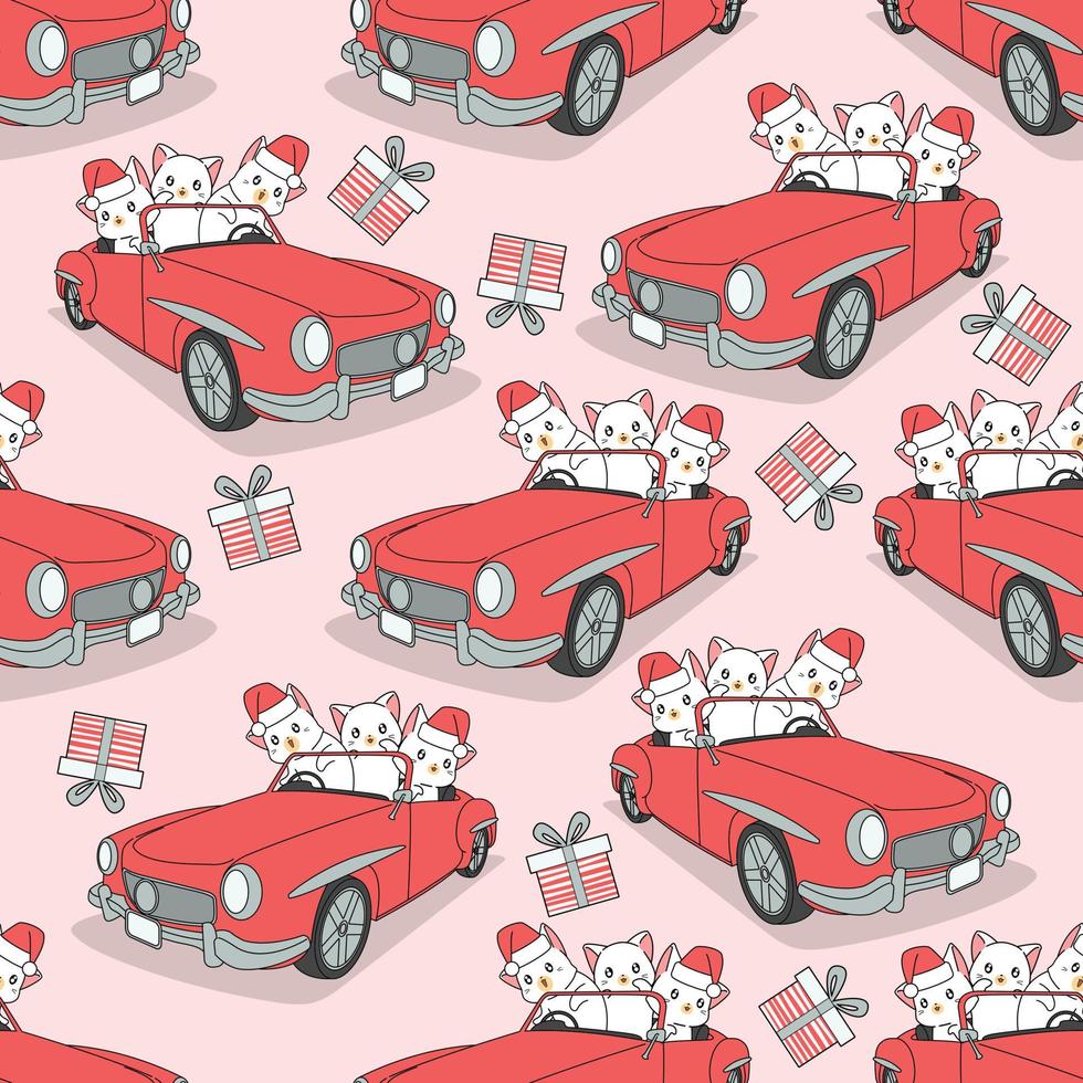 Seamless pattern cats with car in Christmas day vector