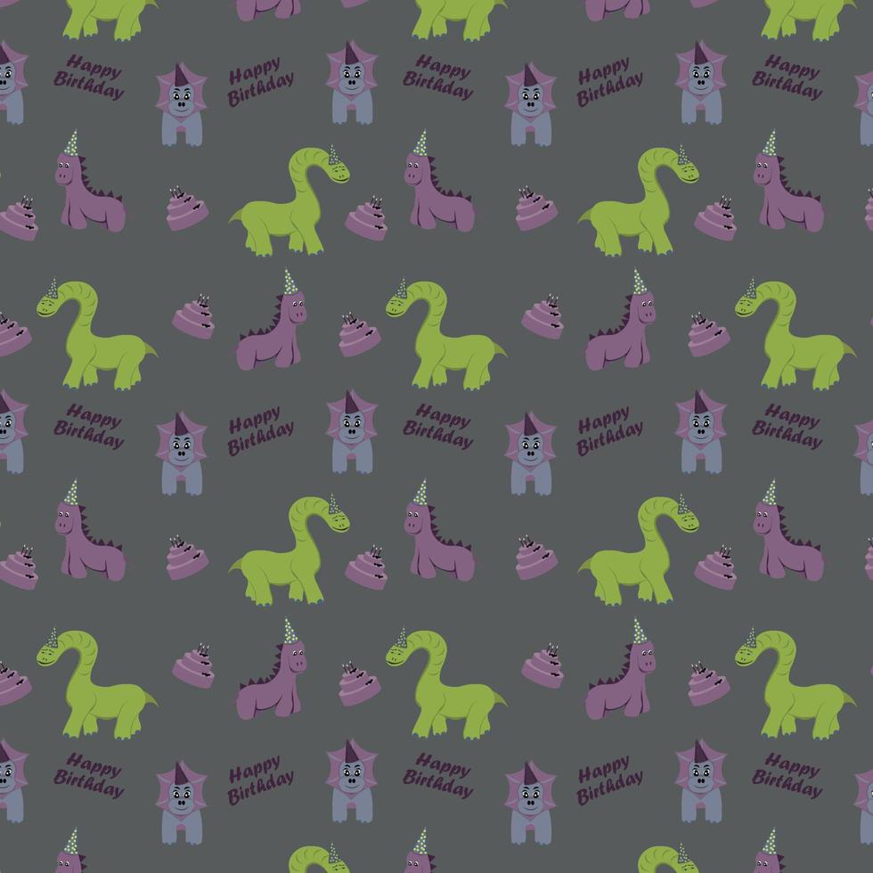 Pattern with dinosaurs, cakes and happy birthday lettering. Vector seamless pattern