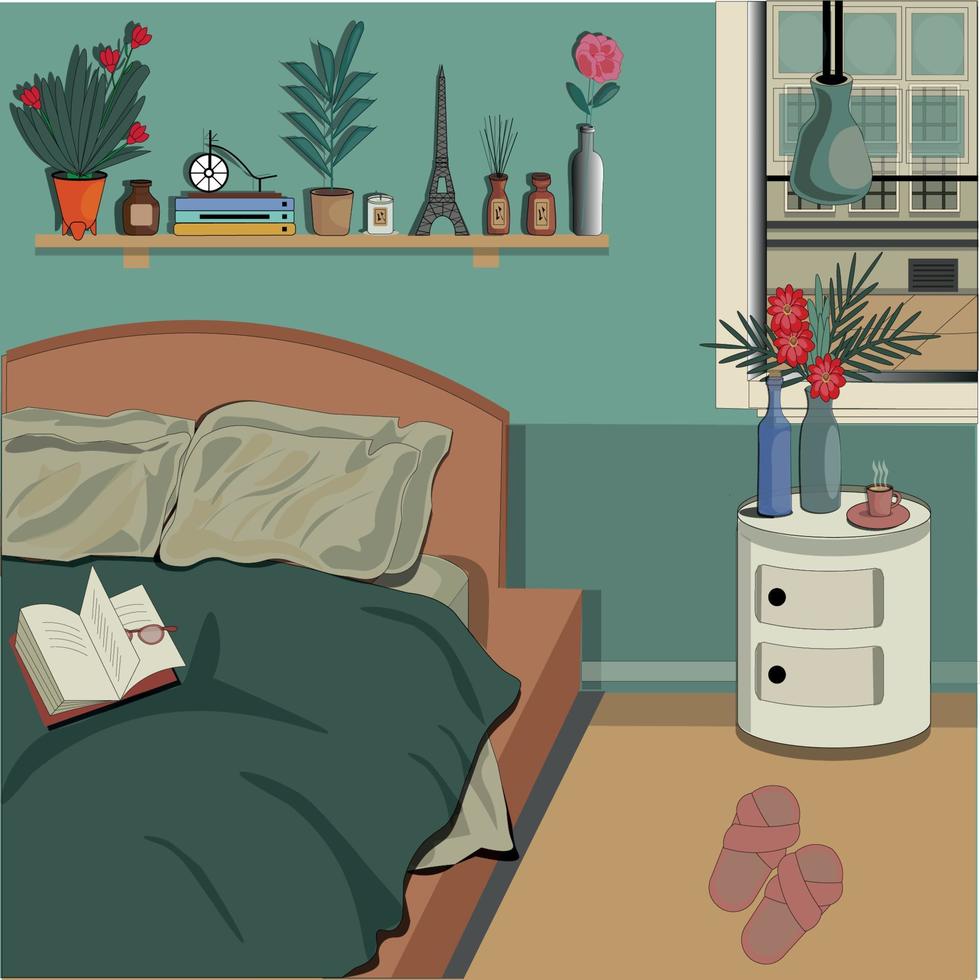 Dormitorio verde con flores y libro. interior del dormitorio. ilustración vectorial vector