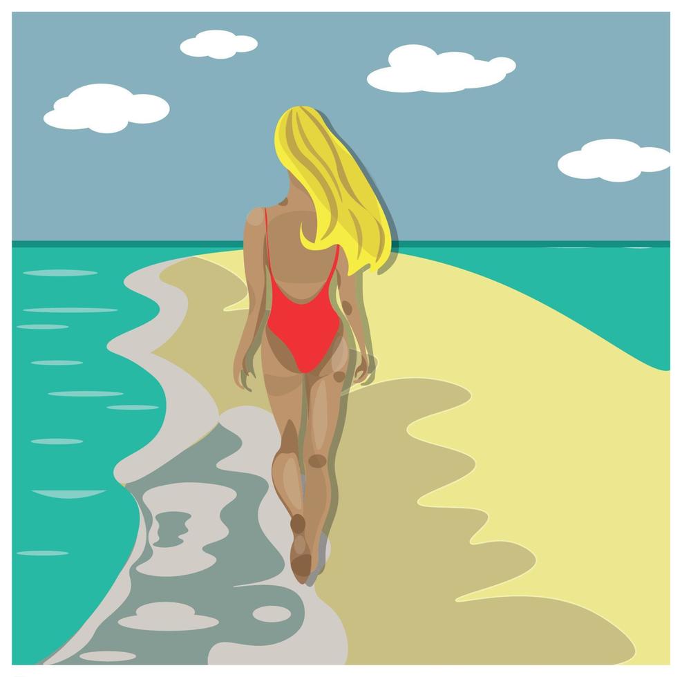 Beautiful girl on the beach. Woman walking to the sea. Vector illustration