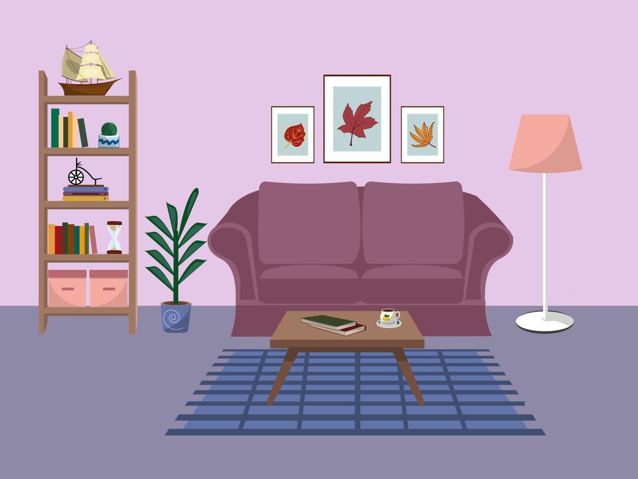 Living room interior with comfortable sofa, bookcase, house plants and home decorations. Flat cartoon vector illustration