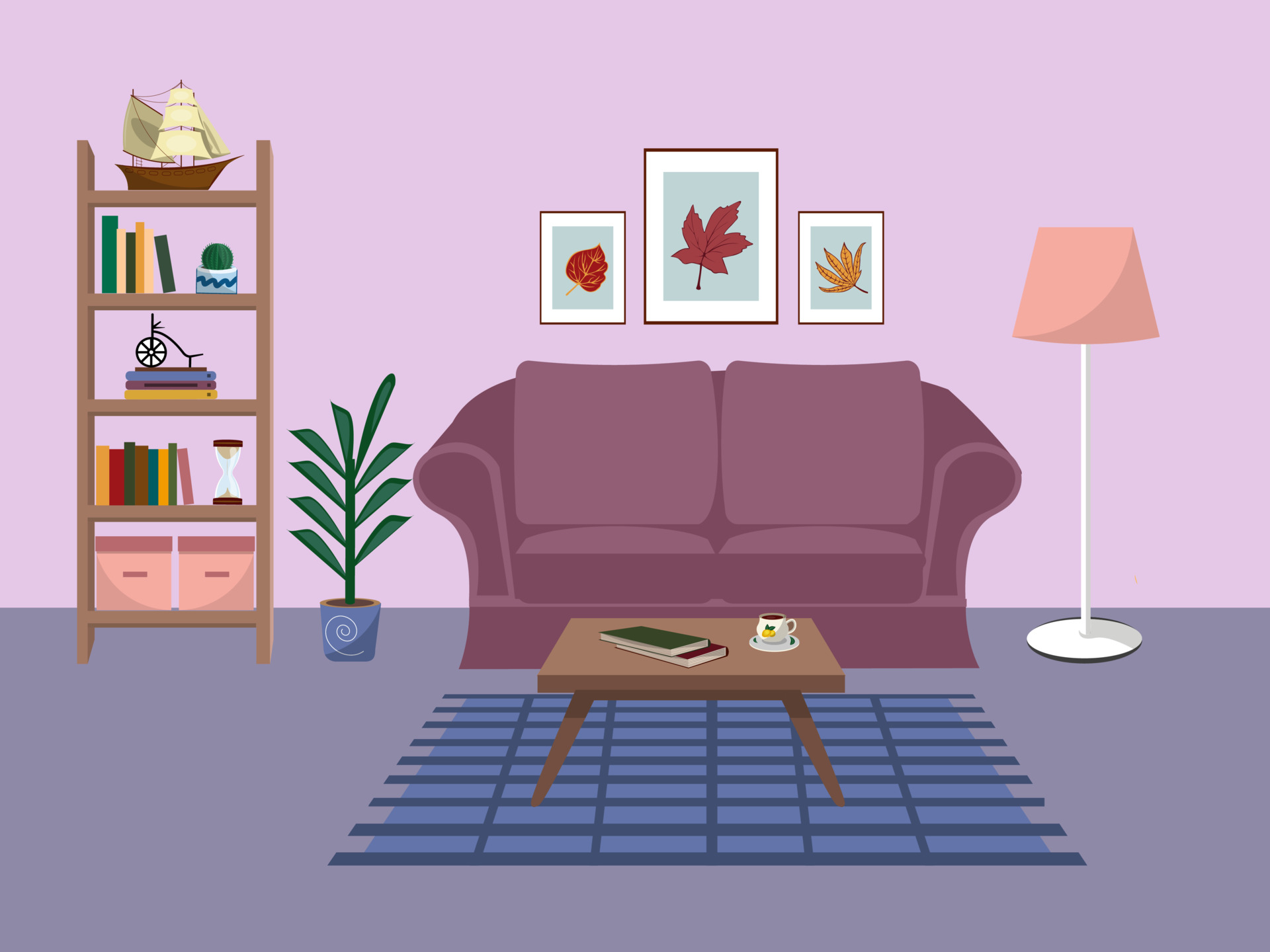Living room interior with comfortable sofa, bookcase, house plants and home  decorations. Flat cartoon vector illustration 3480122 Vector Art at Vecteezy