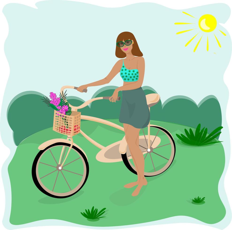 mujer en bicicleta en el parque. estilo de vida saludable. diseño de ilustración vectorial vector