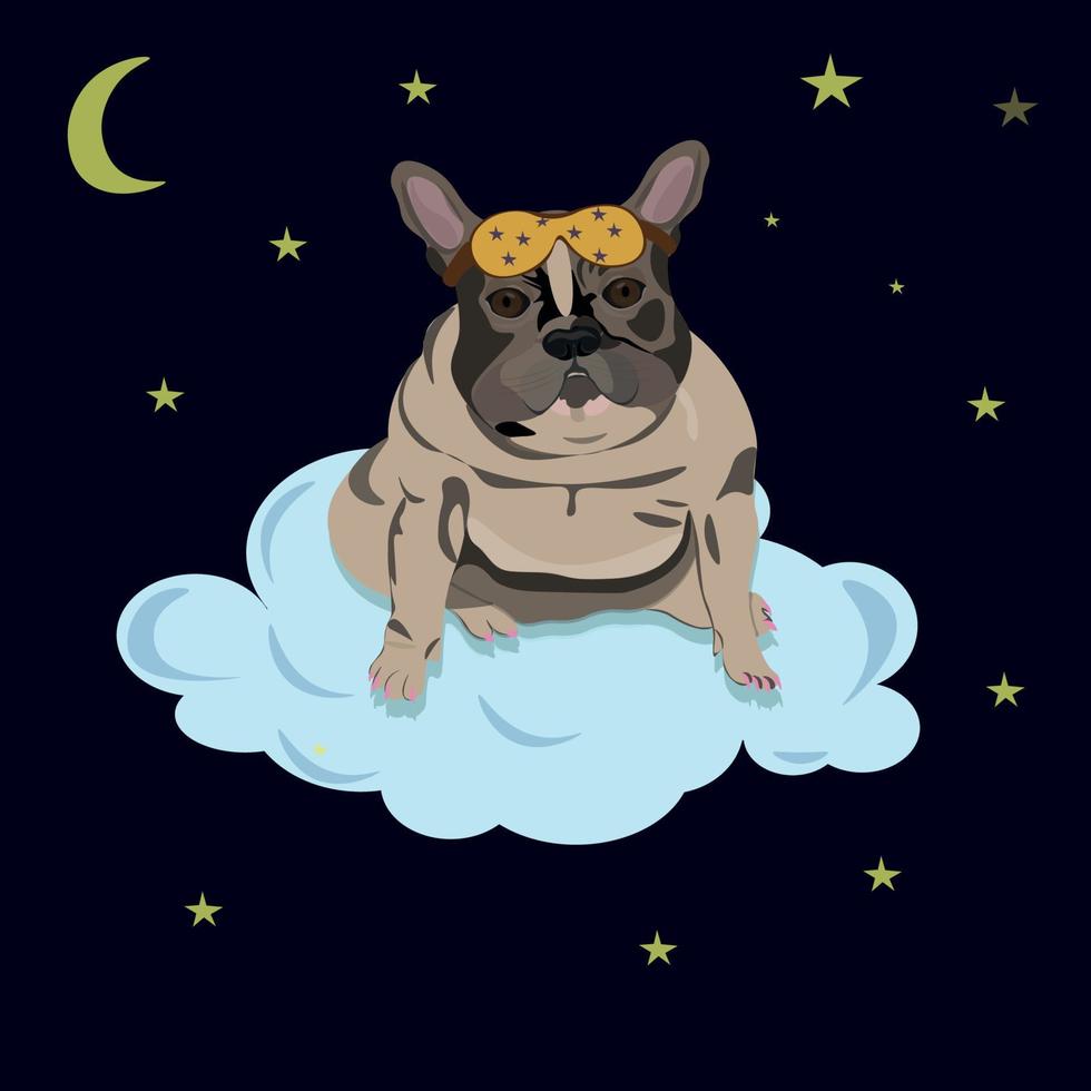 Dog wearing a mask for sleeping on a cloud at night. Vector illustration