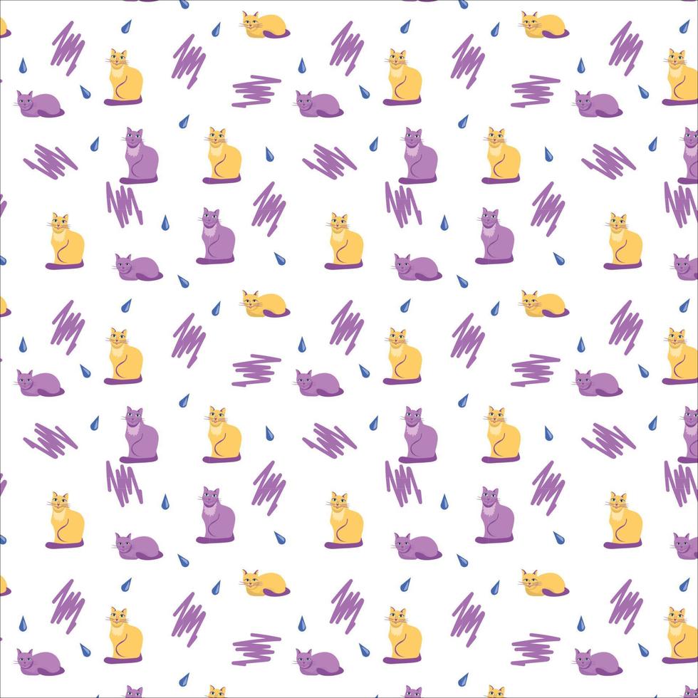 Animal pattern with cats and water drops. Seamless vector pattern