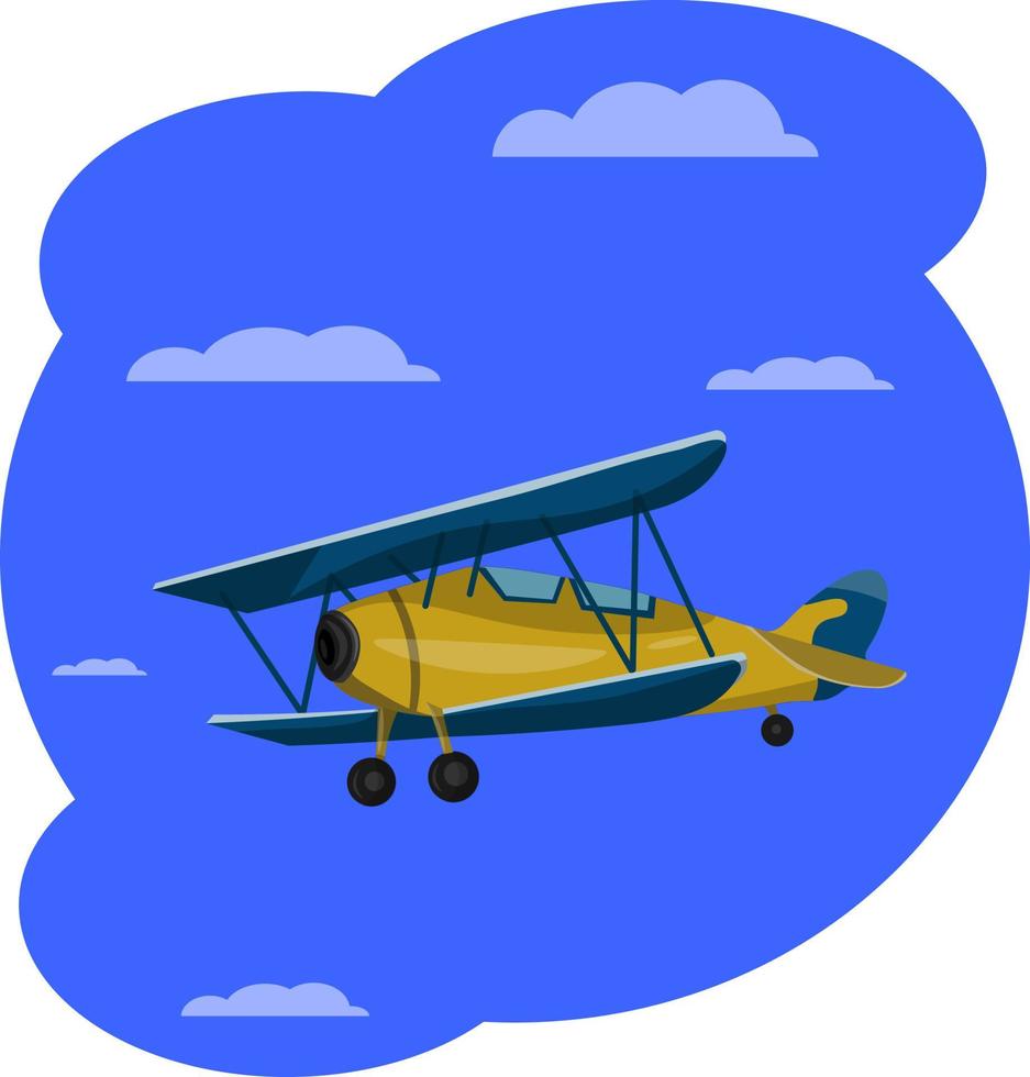 Old retro biplane flying in the blue sky with clouds. Airplane model, two wings. Vector cartoon style airplane illustration. Designed for poster printing