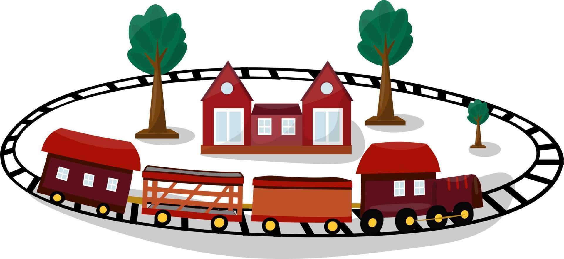 Toy railway. Train toy. Locomotive for kid. Cartoon engine, wagon, wheels and railway for child. Transport children game. Vector. vector