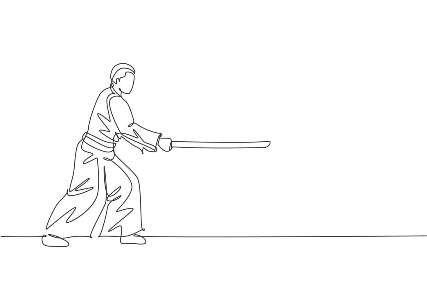 Un luchador de aikido de hombre de dibujo de línea continua practica la pose de lucha con una espada de madera en el centro de entrenamiento del dojo. concepto de deporte de artes marciales. Ilustración de vector de diseño gráfico de dibujo de línea única dinámica