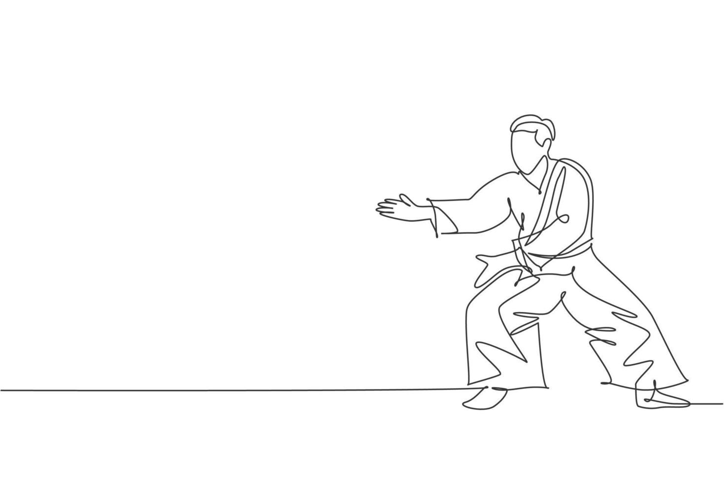 One continuous line drawing of young man aikido fighter practice fighting stance pose at dojo training center. Martial art combative sport concept. Dynamic single line draw design vector illustration