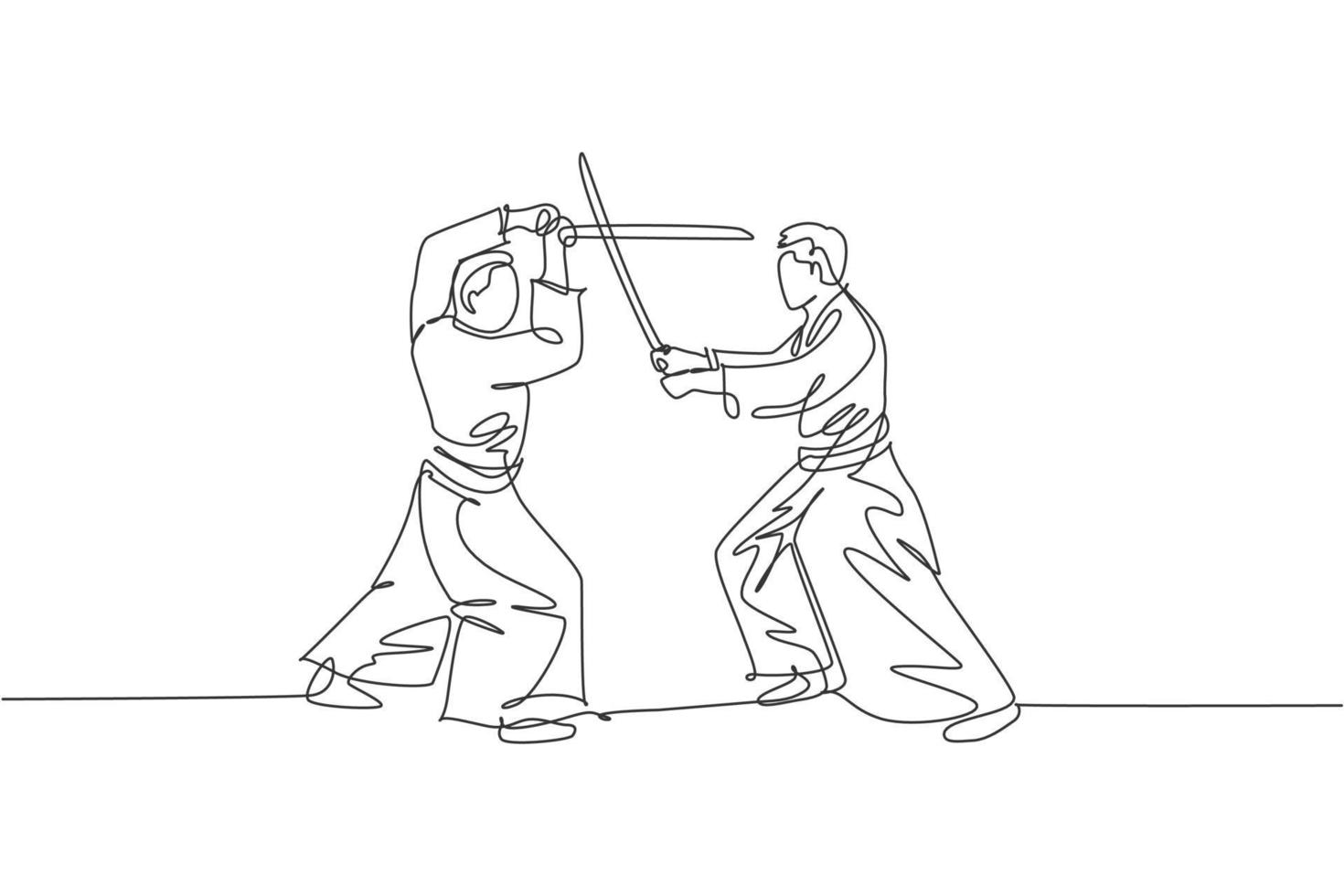 Single continuous line drawing of two sportive men wearing kimono practice aikido sparring fight technique with wooden sword. Japanese martial art concept. One line draw design vector illustration