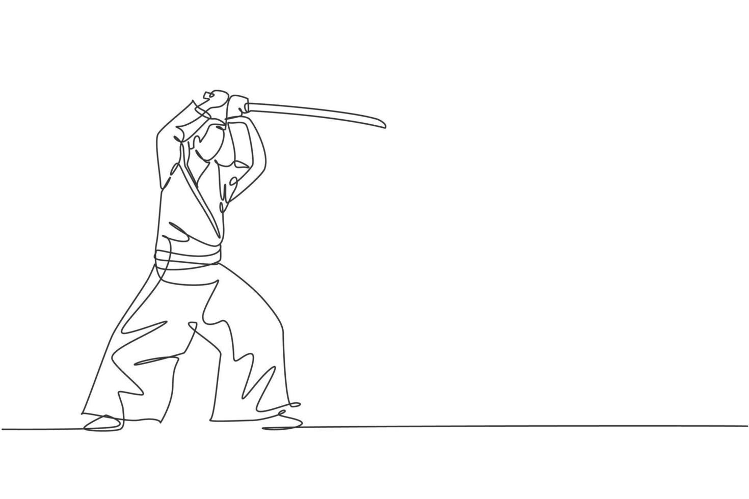 Un dibujo de una sola línea de un joven enérgico con kimono ejercicio técnica de aikido con espada de madera en la ilustración de vector de pabellón de deportes. concepto de deporte saludable. diseño moderno de dibujo de línea continua