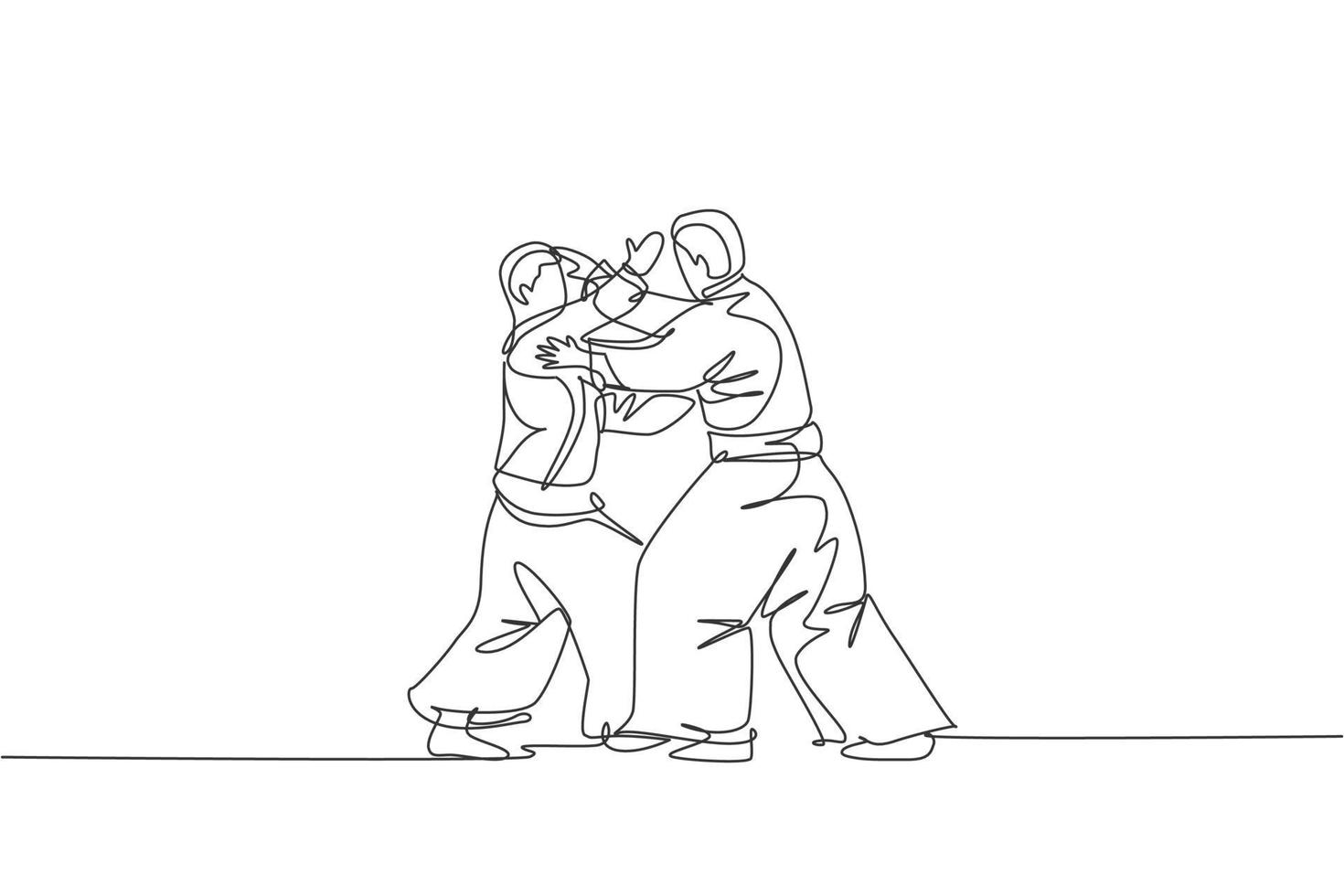 Single continuous line drawing of two young sportive man wearing kimono practice aikido technique woth sparring fight. Japanese martial art concept. Trendy one line draw design vector illustration