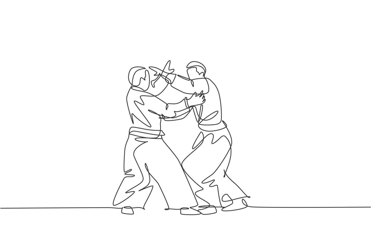 One single line drawing of two young energetic men wearing kimono exercise aikido fight technique in sport hall vector illustration. Healthy lifestyle sport concept. Modern continuous line draw design