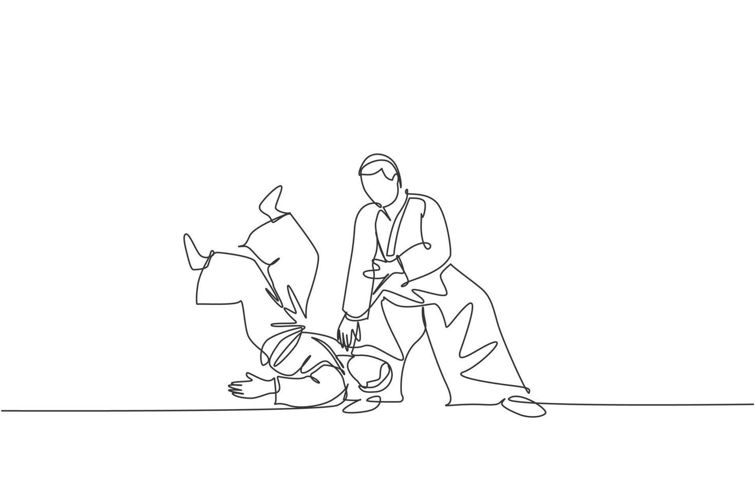dibujo de una sola línea continua de dos jóvenes deportistas con kimono practicando la técnica de lucha de aikido. concepto de arte marcial japonés. Ilustración de vector de diseño de dibujo de una línea de moda