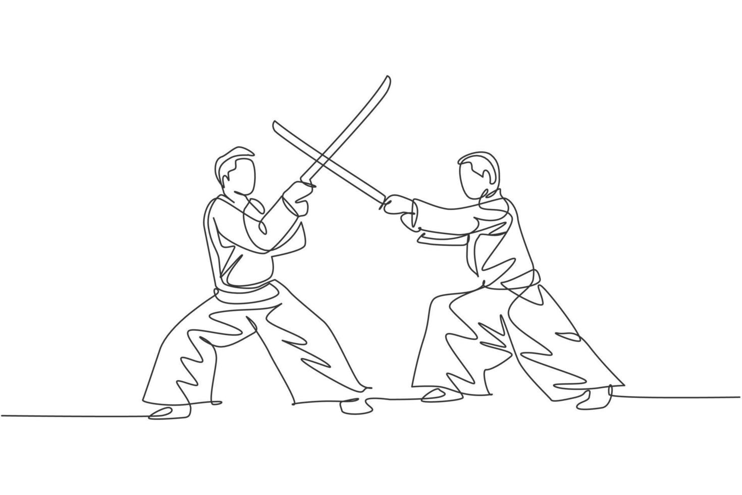 Un solo dibujo de línea de un joven enérgico con kimono ejercicio lucha de aikido con espada de madera en la ilustración de vector de pabellón de deportes. concepto de deporte de estilo de vida saludable. diseño de dibujo de línea continua