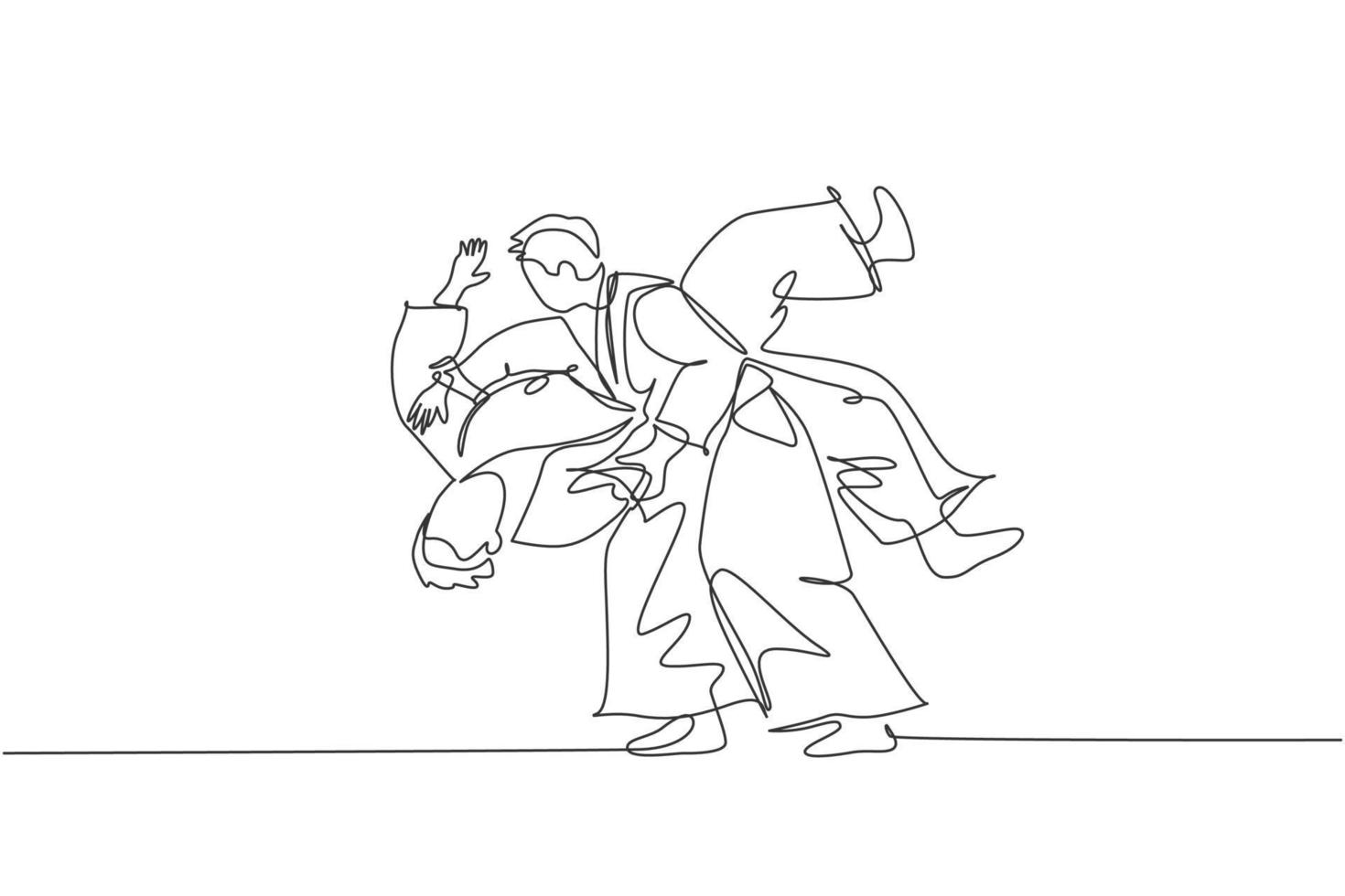 dibujo de línea continua única de dos jóvenes deportistas con kimono practicando golpes en la técnica de lucha de aikido. concepto de arte marcial japonés. Ilustración de vector de diseño de dibujo de una línea de moda