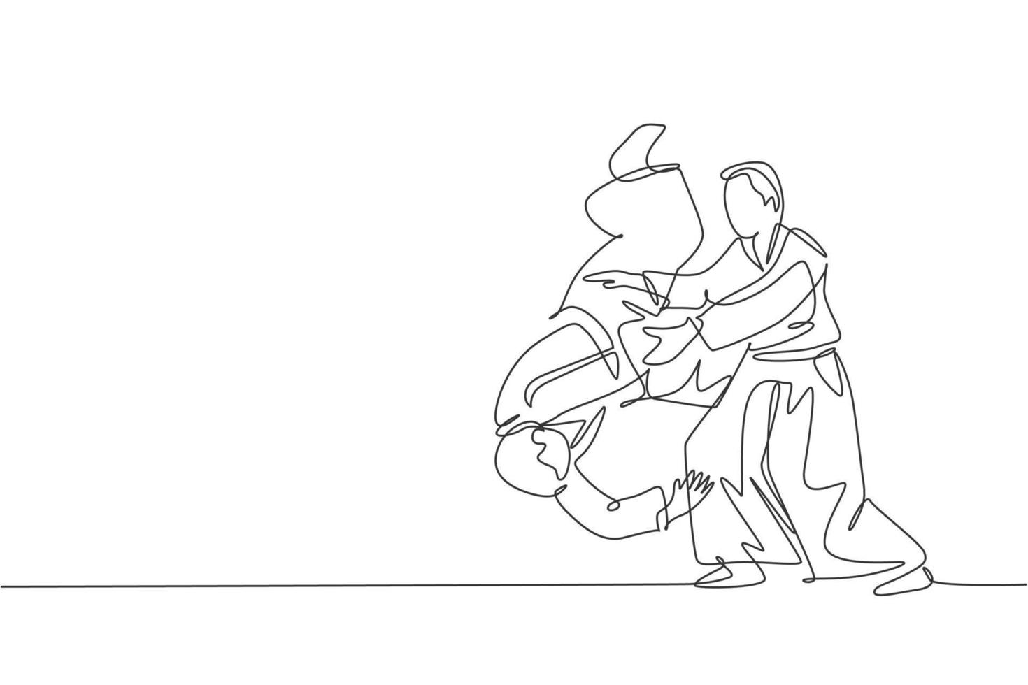 One single line drawing of two young energetic men wearing kimono exercise aikido slam technique in sports hall vector illustration. Healthy lifestyle sport concept. Modern continuous line draw design