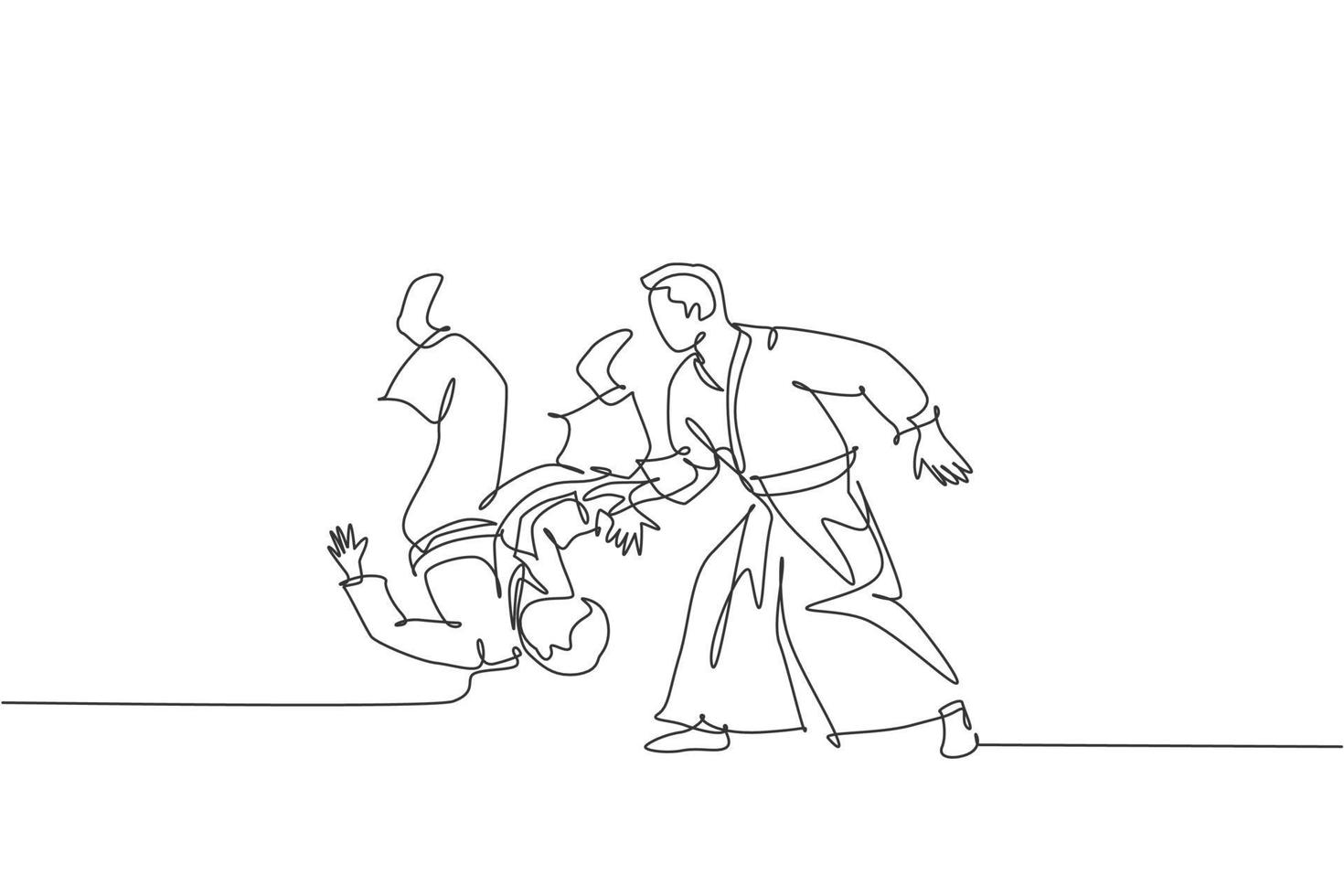 One continuous line drawing of young man aikido fighter practice fighting technique at dojo training center. Martial art combative sport concept. Dynamic single line draw design vector illustration