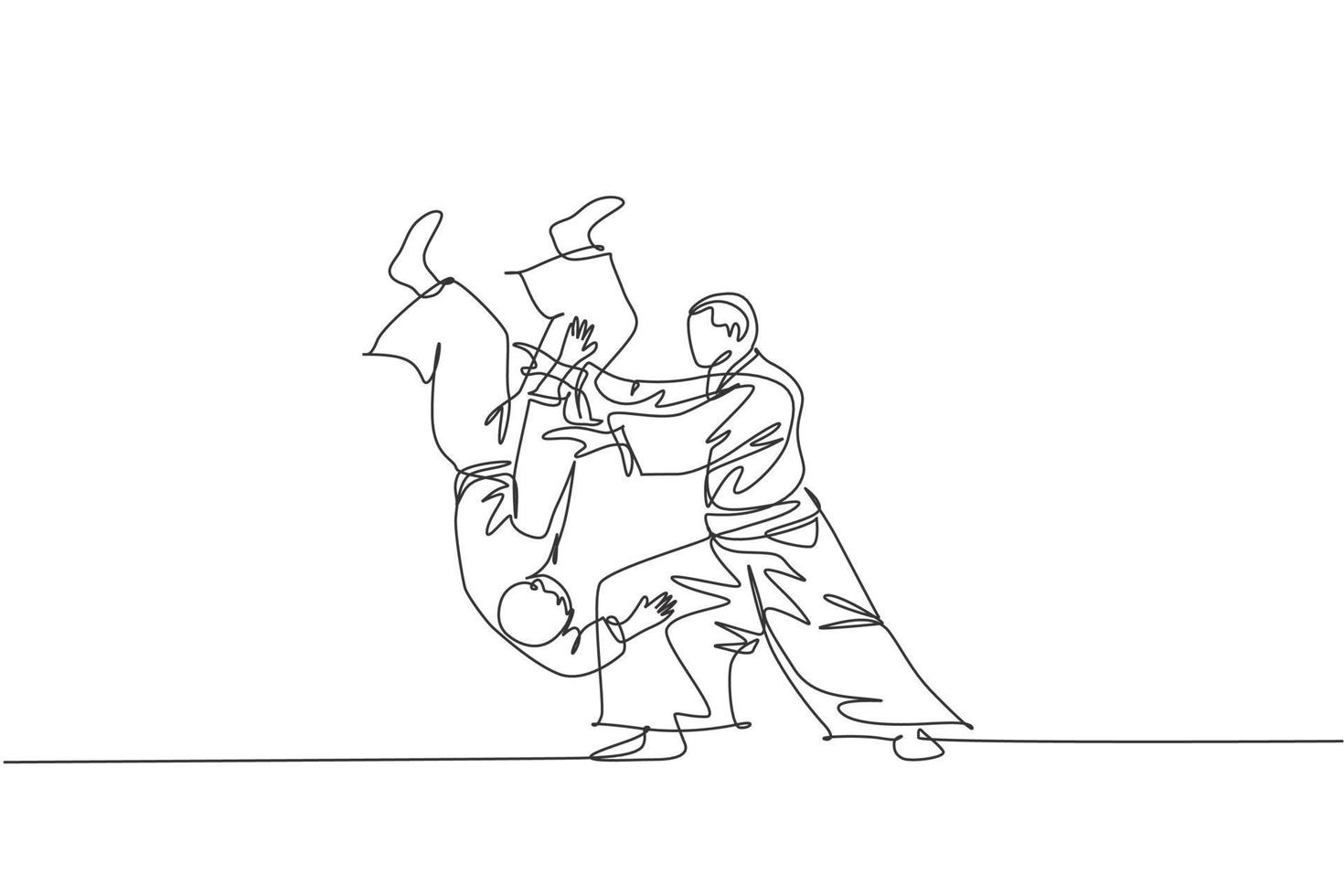 Un dibujo de una sola línea de un joven enérgico vestido con kimono ejercicio técnica de lanzamiento de aikido en la ilustración de vector de pabellón deportivo. concepto de deporte de estilo de vida saludable. diseño moderno de dibujo de línea continua