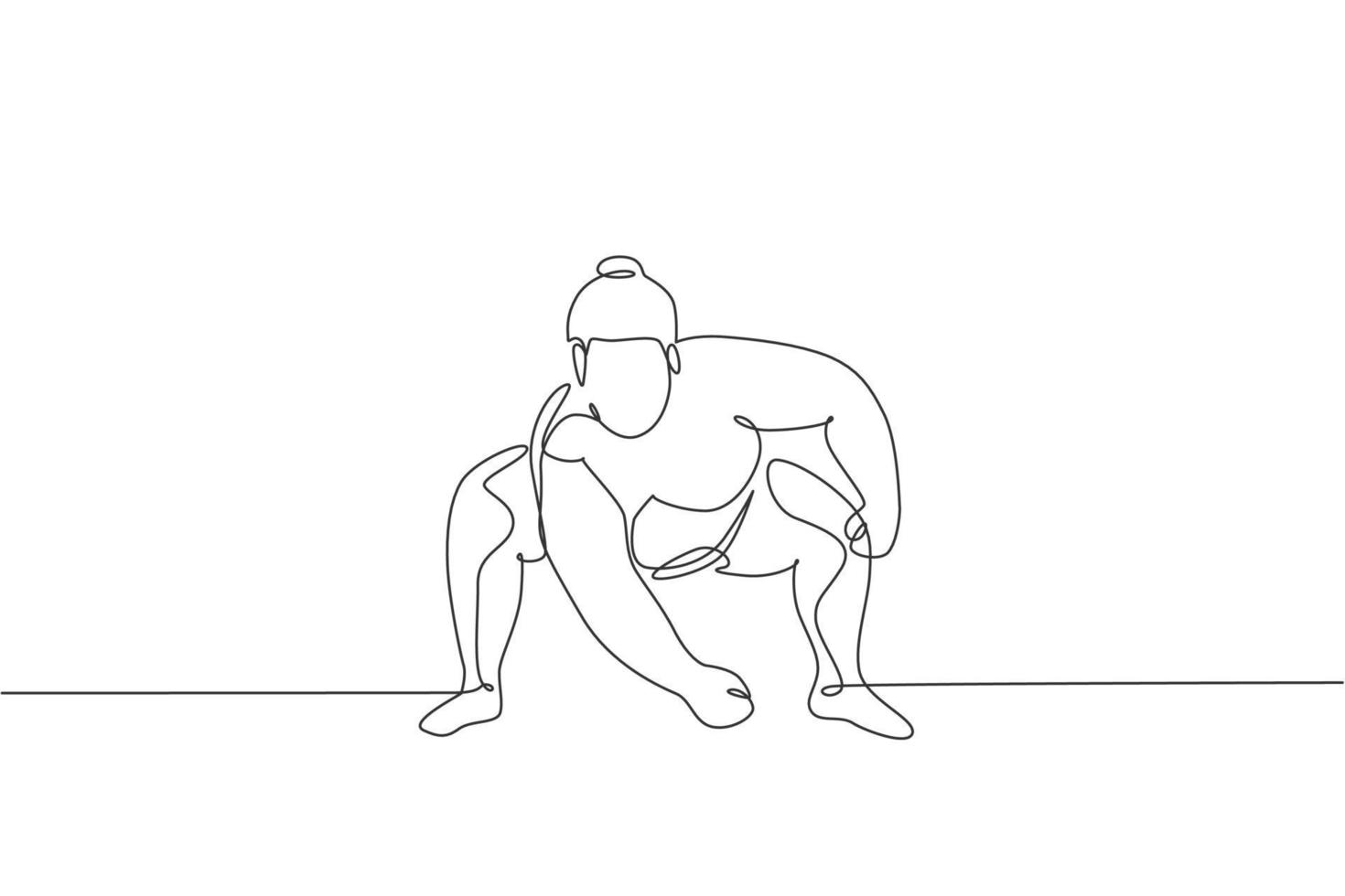 One single line drawing of young overweight Japanese sumo man ready to fight at arena competition vector illustration. Traditional rikishi combative sport concept. Modern continuous line draw design