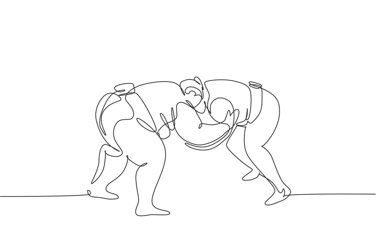 un dibujo de línea continua de dos jóvenes grandes rikishi japoneses que se preparan para luchar en el torneo del festival. concepto de deporte de sumo tradicional. Ilustración gráfica de vector de diseño de dibujo de línea única dinámica